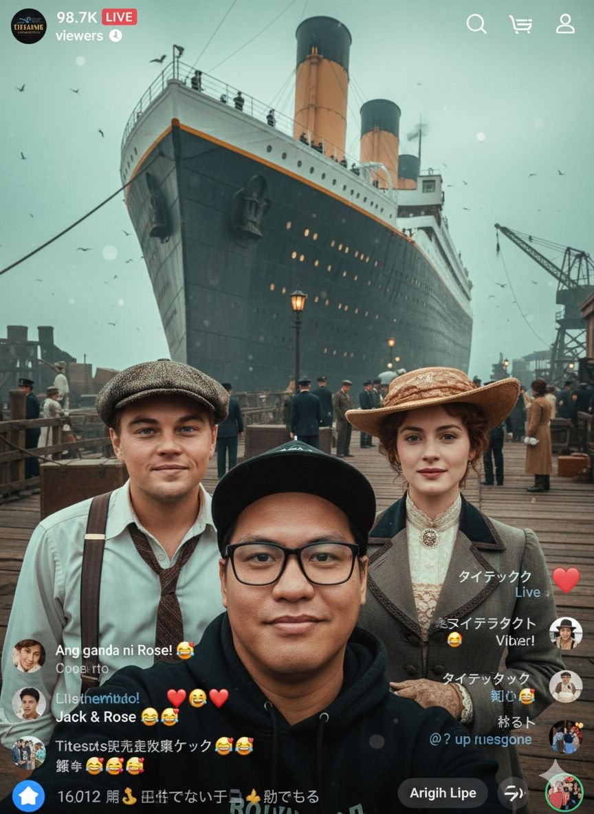 AI Generated Image - Hyper-realistic 9:16 Snapchat livestream selfie. M...