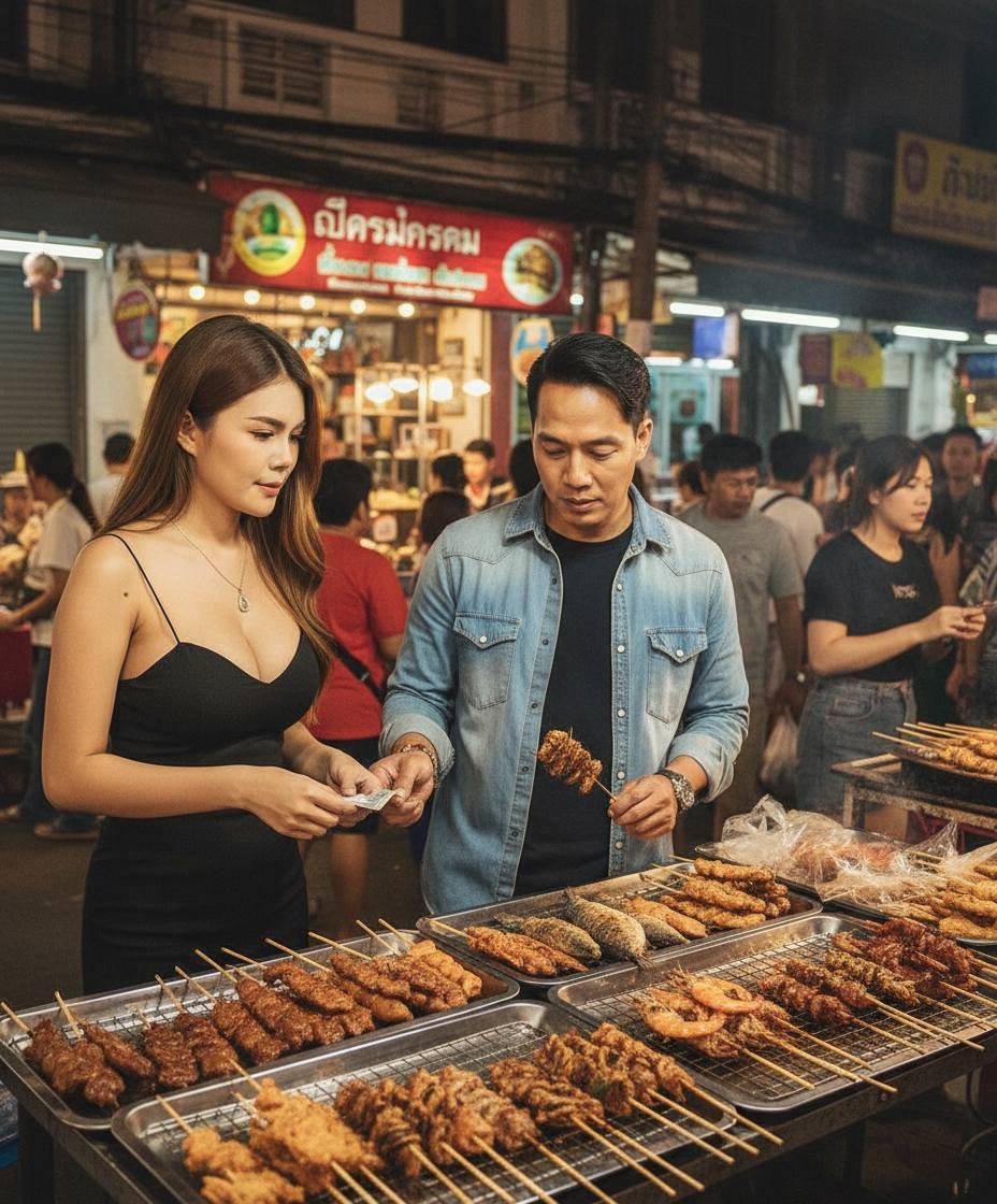 AI Generated Image - A lively street in Thailand at night, glowing with...