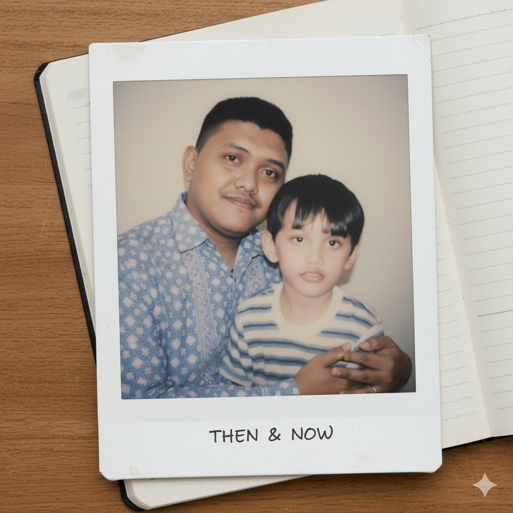 AI Generated Image - A Polaroid-style photograph showing a "then-and-no...