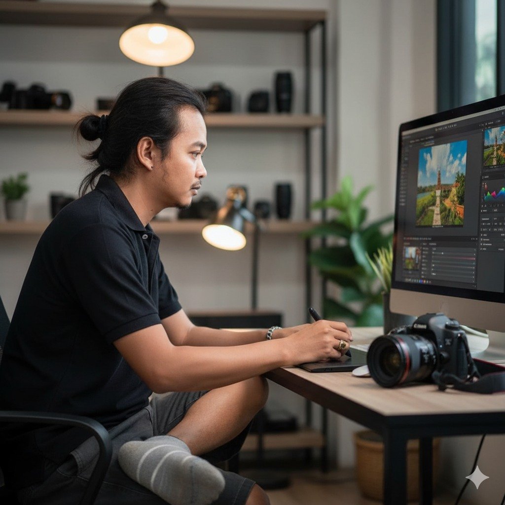 AI Generated Image - A working-age man sitting at a desk in a photo stu...