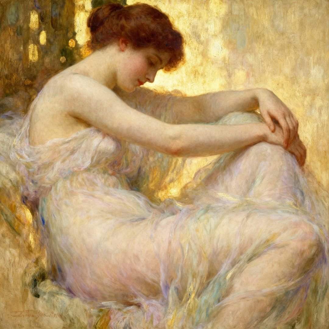 AI Generated Image - Seated classical female figure in a dreamy academi...